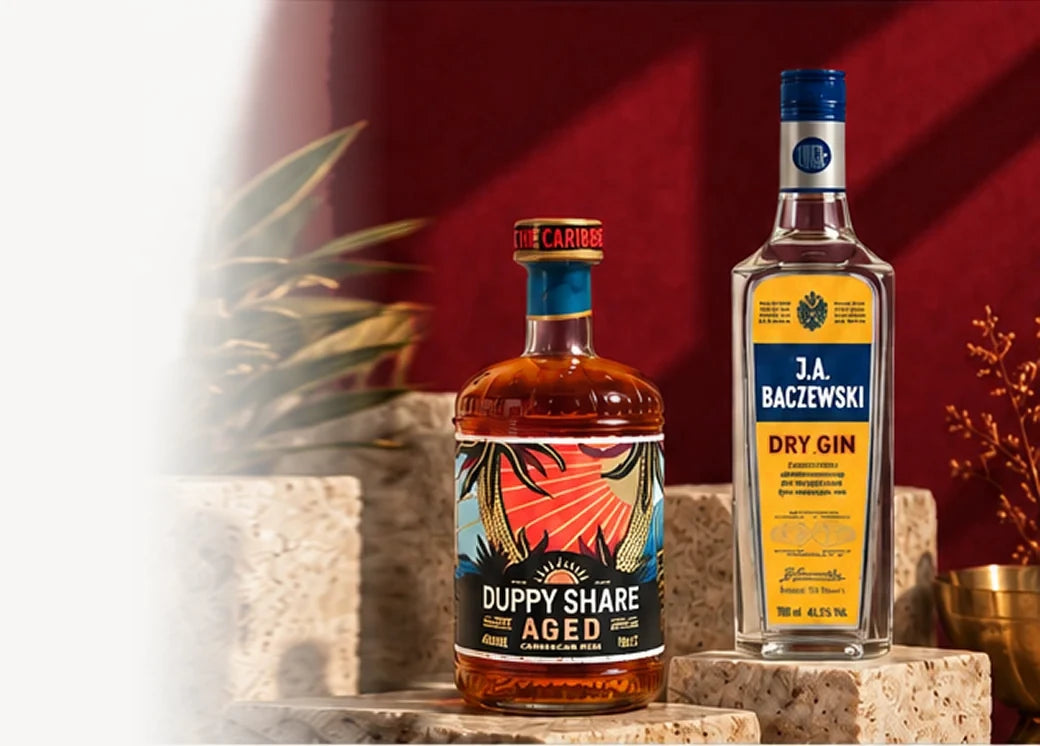 Duppy Share Aged and J.A. Baczewski Gin on stone plinths against a red backdrop