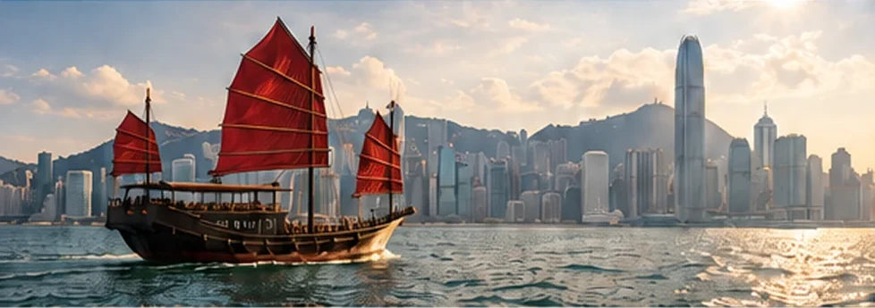 维多利亚港上的传统中式帆船