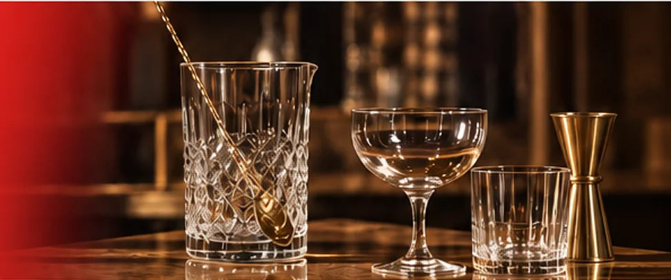 Crystal glassware and a cocktail being poured at a bar